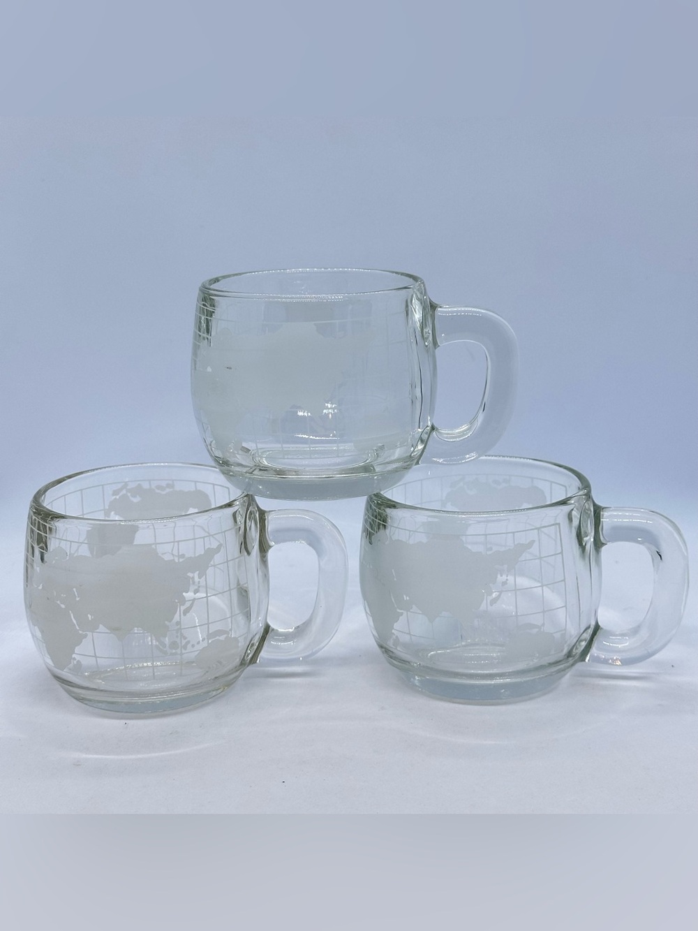 Lot/3 Vintage Nestle Nescafe Clear Glass Globe World Cup Mug Coffee Tea 1970's